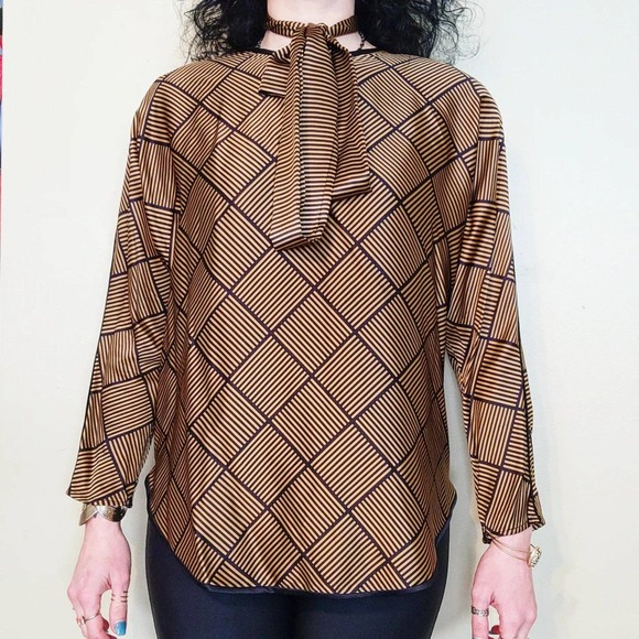 Vintage 80s Block Striped Silk Blouse - Picture 2 of 8